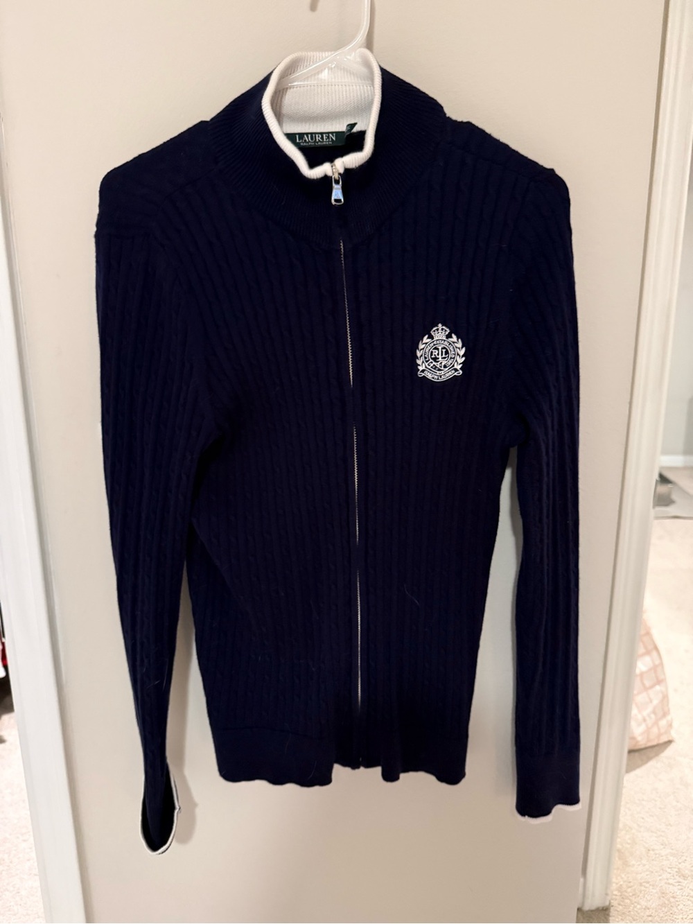 Ralph Lauren Navy Full-Zip Ribbed Crest Sweater